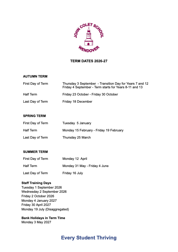 Term Dates 2026 27